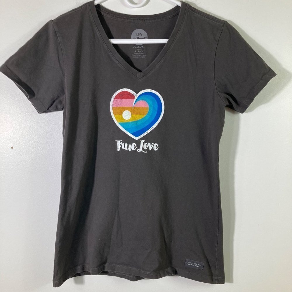 Womens Life is Good True Love Heart V Neck Crusher Tee Shirt S Classic Fit